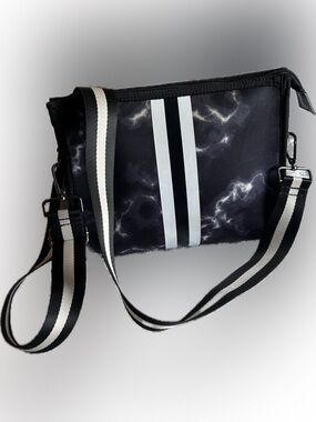 Haute Shore Black Lightning-Pattern Crossbody Messenger Bag with Striped Strap